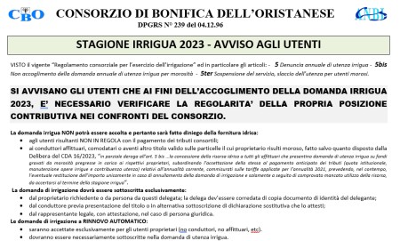 STAGIONE IRRIGUA 2023 - AVVISO AGLI UTENTI