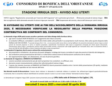 STAGIONE IRRIGUA 2025 - AVVISO AGLI UTENTI