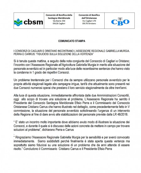 I CONSORZI DI CAGLIARI E ORISTANO INCONTRANO L’ASSESSORE REGIONALE GABRIELLA MURGIA. PERRA E CARRUS: “FIDUCIOSI SULLA SOLUZIONE DELLA VERTENZA”
