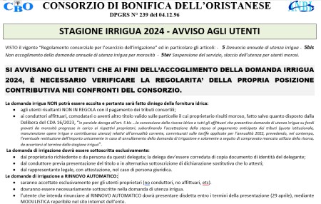 STAGIONE IRRIGUA 2024 - AVVISO AGLI UTENTI